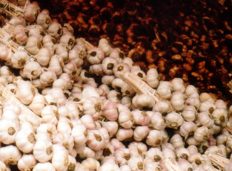 Garlic on display at a stall in a Bradford street market